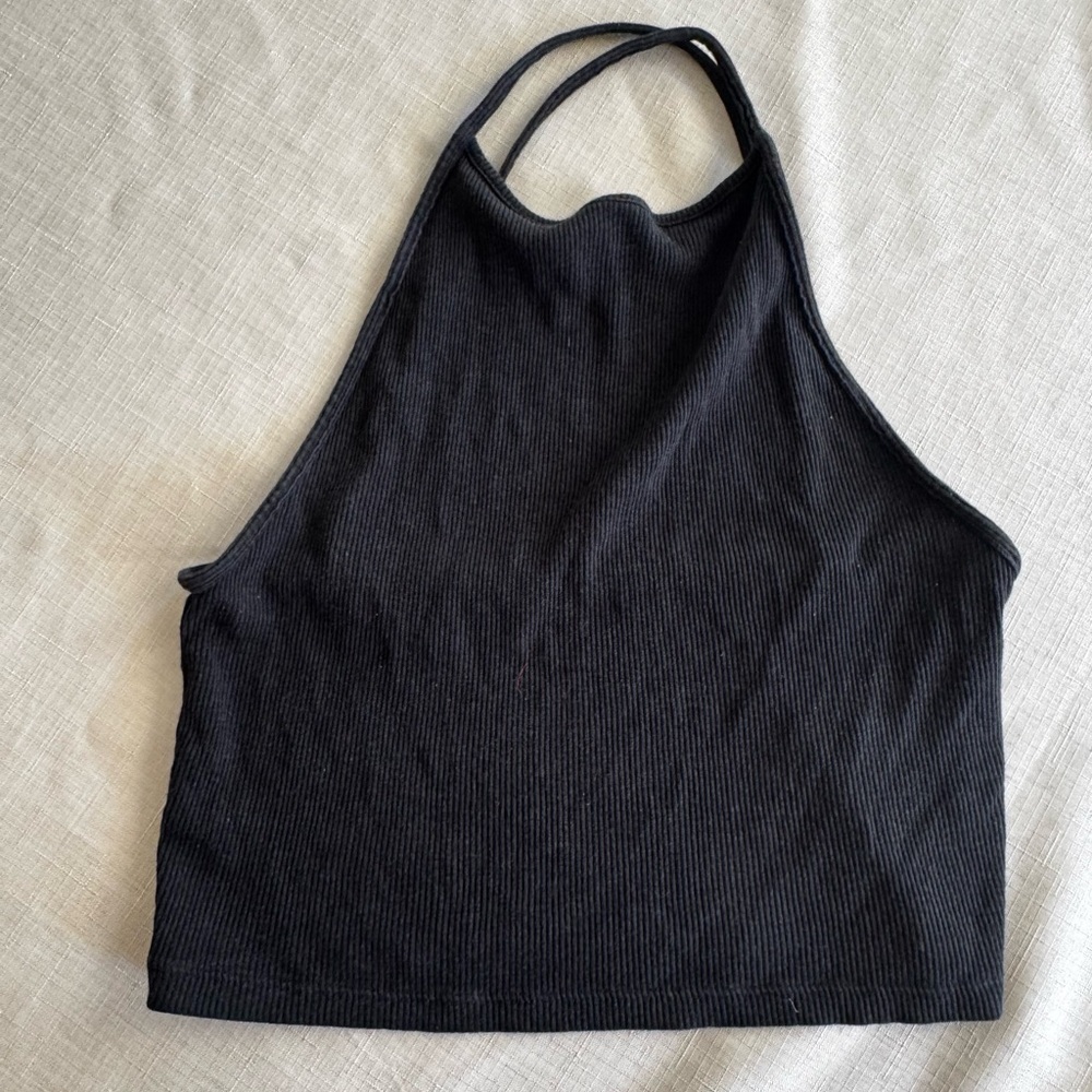 American Eagle Ribbed Halter Crop Top | Black | Size Medium | High Neck